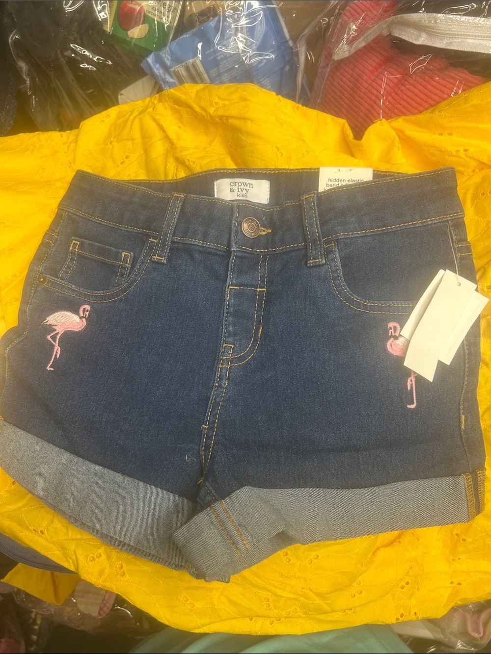 crown & ivy Dark Blue Denim Shorts with Pink Flamingo Details (OL#2)